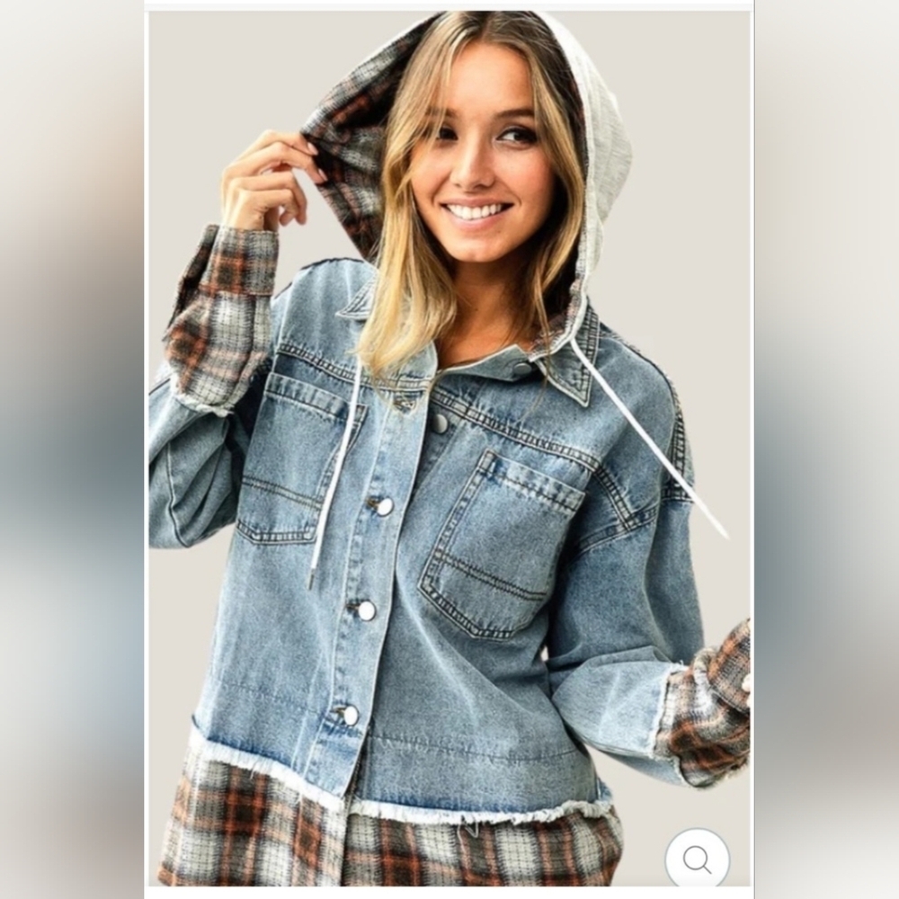 Dance & Marvel Denim Jacket Plaid Accents & Detachable Hoodie!!Great 4th Of July